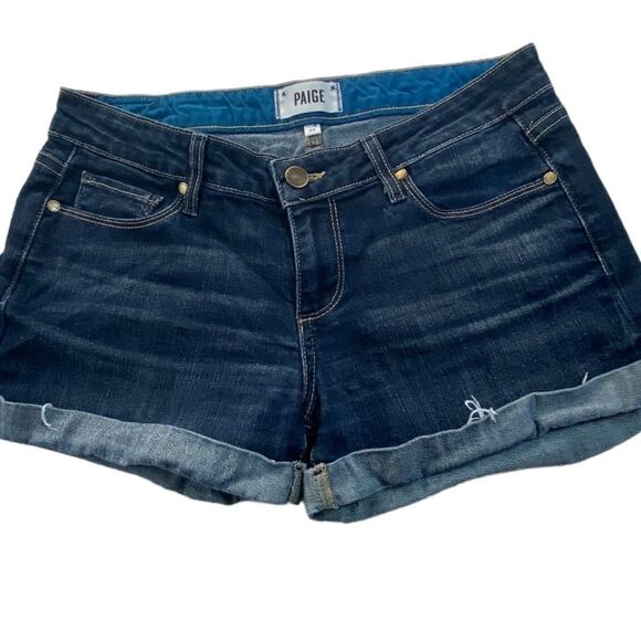 PAIGE Jimmy Jimmy Wm’s Sz 25 Dark Wash Whisking Distressed Cuffed Denim Shorts - Picture 1 of 3